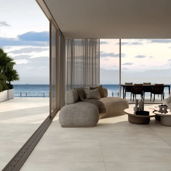 Gresie exterior Cementart AlfaLux 20 mm Sabbia — terasă cu aspect de ciment cald