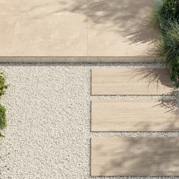 Gresie exterior Exedra AlfaLux 20 mm Beige Cross — alee de grădină pe pietriș