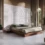 Luxurious bedroom with a low wooden platform bed, pale bedding, green pillows, and a tiled accent wall bathed in natural light.